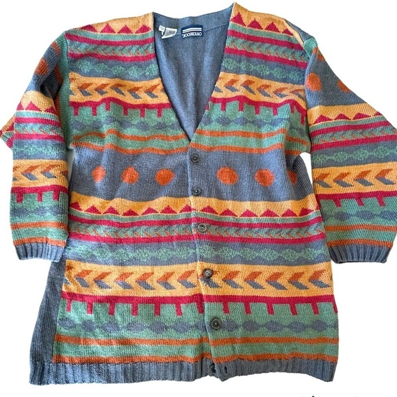 OAKBROOK Vintage 90s Aztec Geometric Ramie Knit Long Cardigan Womens L Cosby - Picture 2 of 12